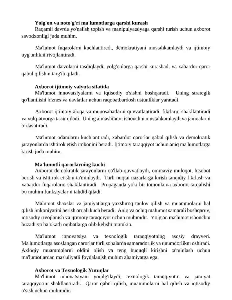 Axborotning jamiyatdagi o'rni va ahamiyati 2