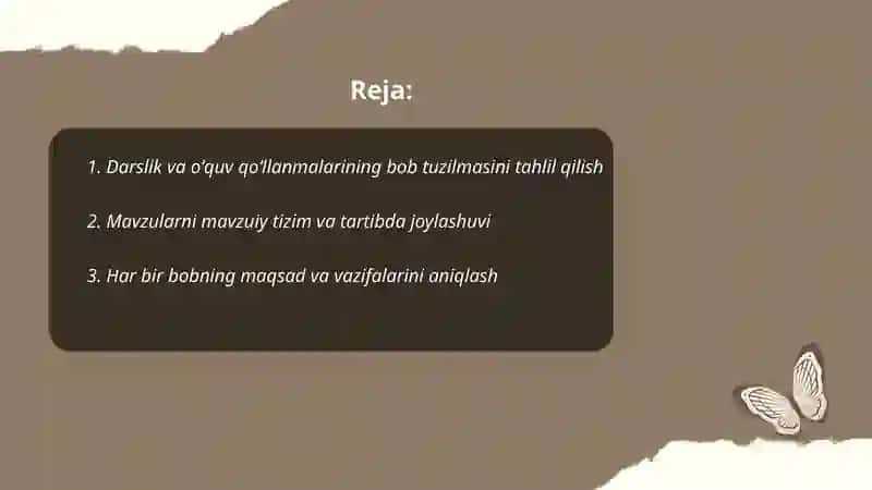 Oʻzbek adabiyotidan darslik va oʻquv qoʻllanmalarining boblari va mavzularini oʻrganish 2