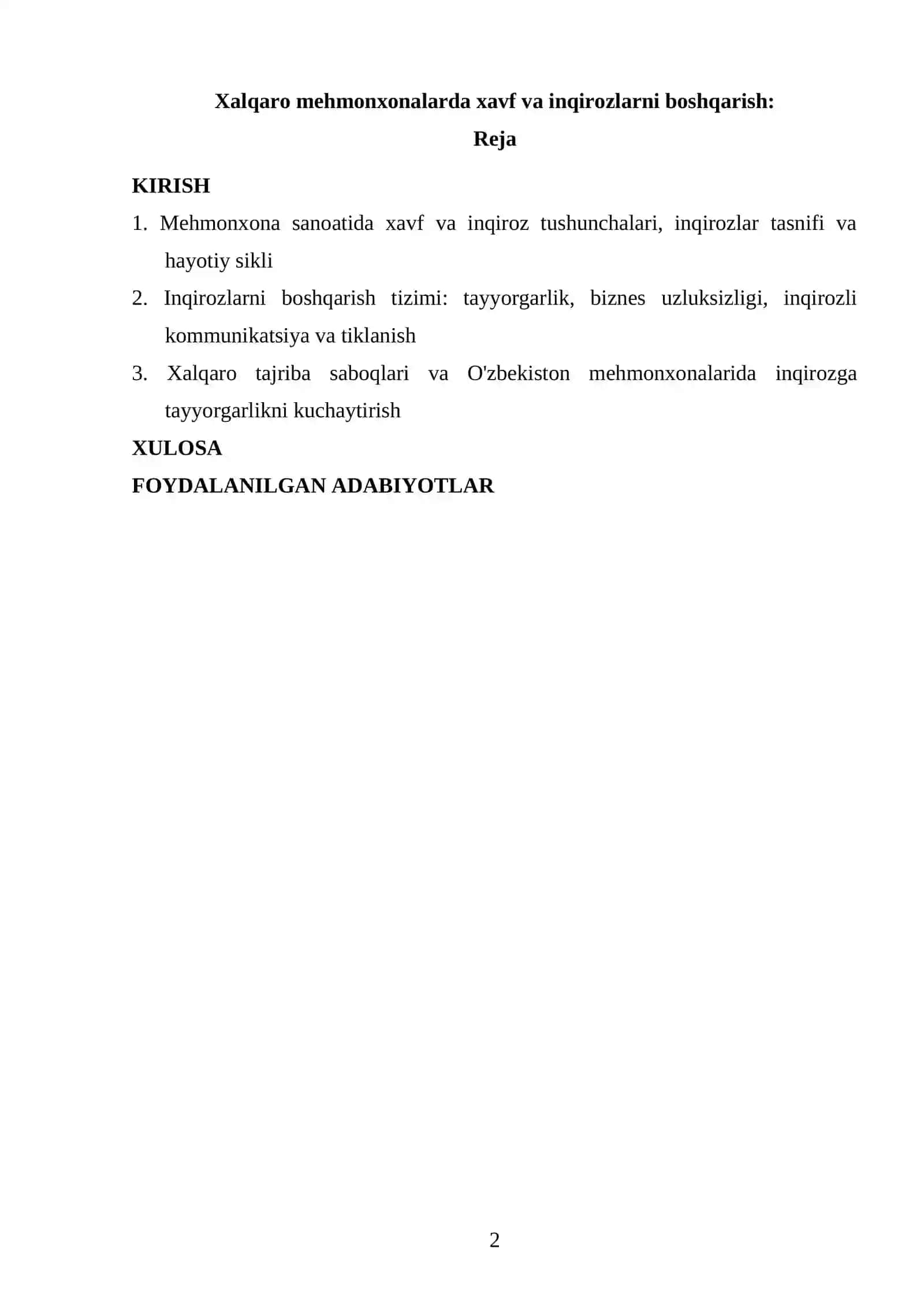 Xalqaro mehmonxonalarda xavf va inqirozlarni boshqarish 2