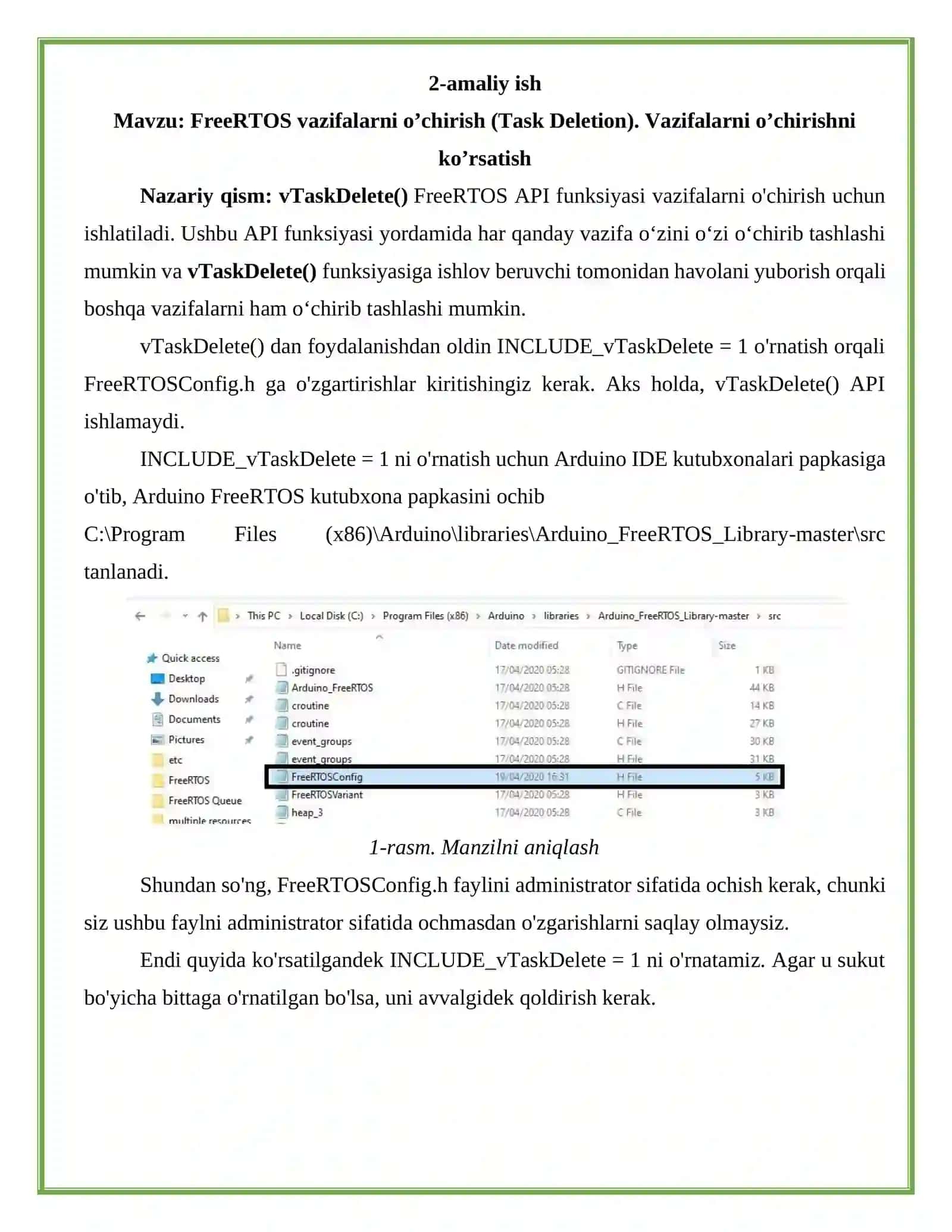 FreeRTOS vazifalarni o’chirish (Task Deletion). Vazifalarni o’chirishni ko’rsatish 2