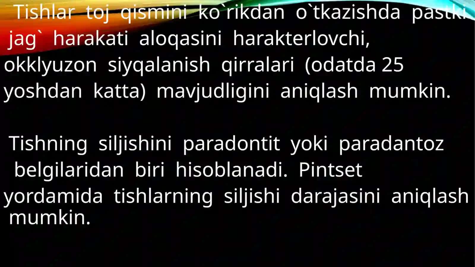 Tishlarning patalogik qimirlashi. Patalogik tish milk cho'ntagining chuqurligini aniqlash. Tishsiz alveolyar ro'simtan tekshirish. Og'iz bo'shlig'ining shilliq qavatiniberiluvchanligini tekshirish usullari. Diagnostik modellarini o'rganish 2