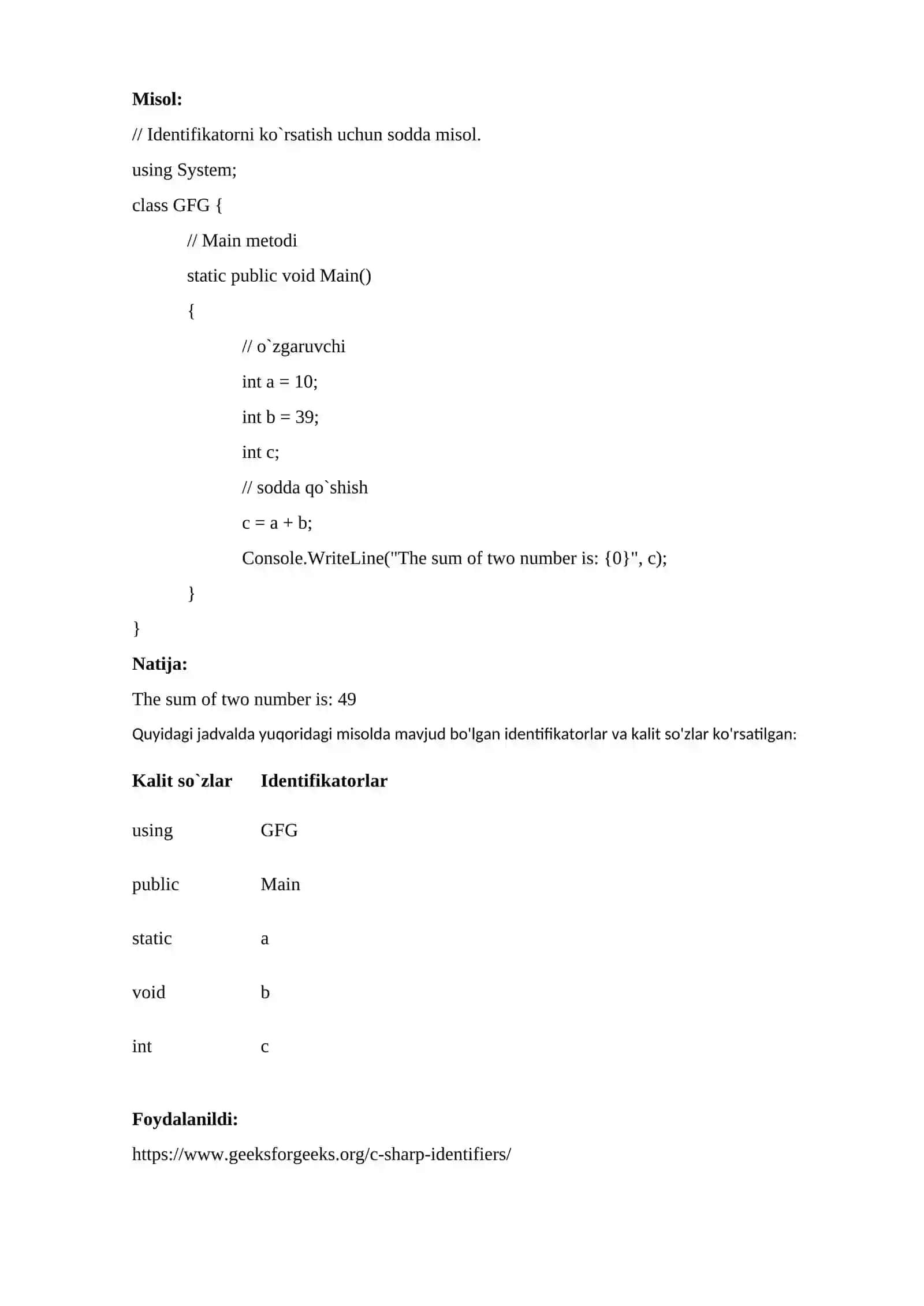 C# da identifikatorlar 2