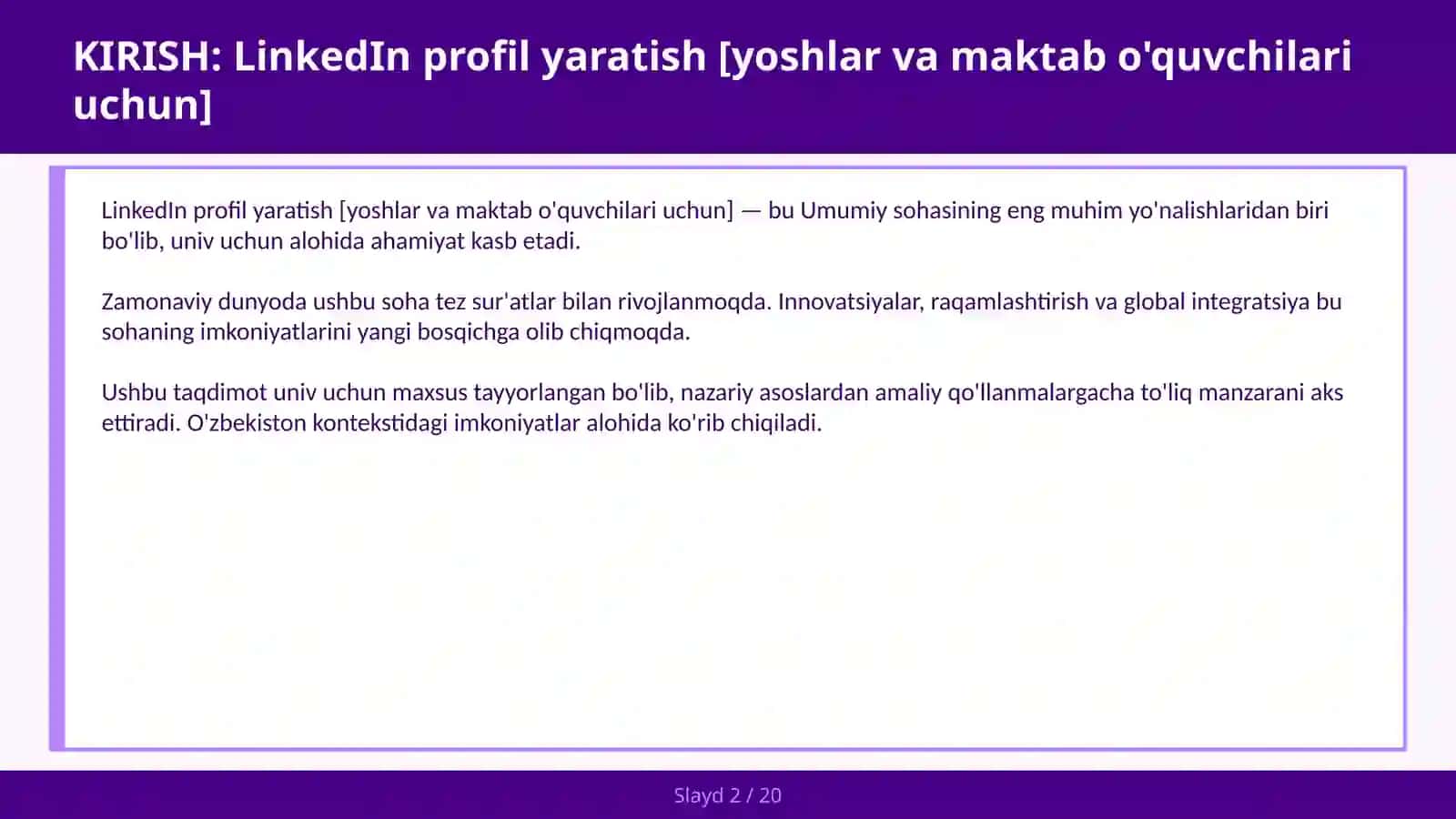 LinkedIn profil yaratish [yoshlar va maktab o'quvchilari uchun] 2