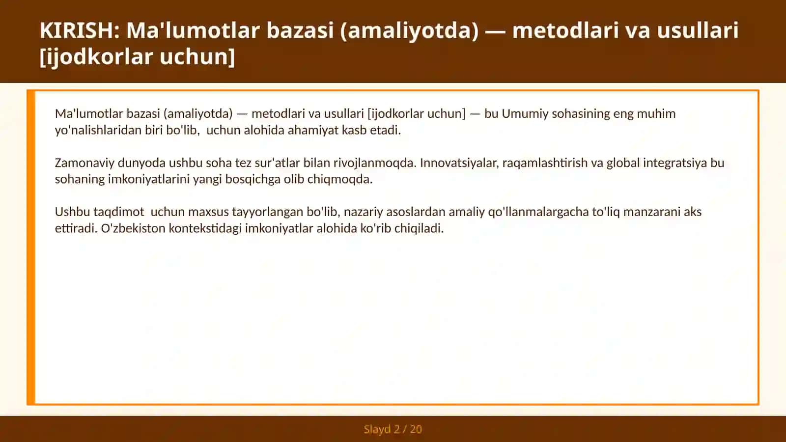 MA'LUMOTLAR BAZASI (AMALIYOTDA) — METODLARI VA USULLARI [IJODKORLAR UCHUN] 2