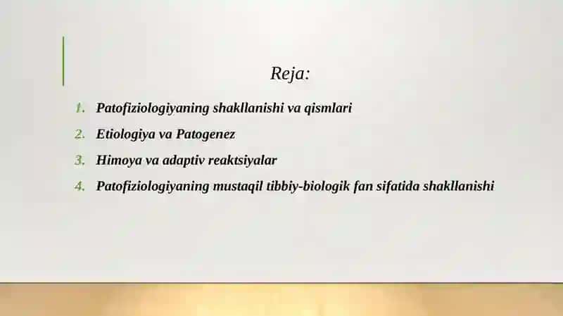 Umumiy etiologiya va patogenez. Patofiziologiyaning mustaqil tibbiy-biologik fan sifatida shakkllanishi, qismi. Kasallikning rivojlanishida etiologik va ijtimoiy-ekologik omillarning ahamiyati, himoya va adaptiv reaktsiyalar. Sharoitlarning tushunchasining ta'rifi, turli kasallikning holatlarining rivojlanishidagi ahamiyati. Tish kasalliklarining rivojlanishida etiologik omillar va sharoitlarning o'zaro bog'liqligi. 2