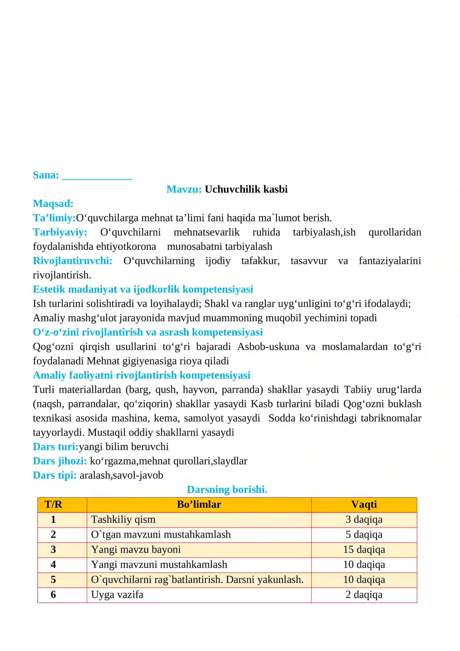 3-sinf Texnologiya fanidan Uchuvchilik kasbi mavzusida dars ishlanma 2