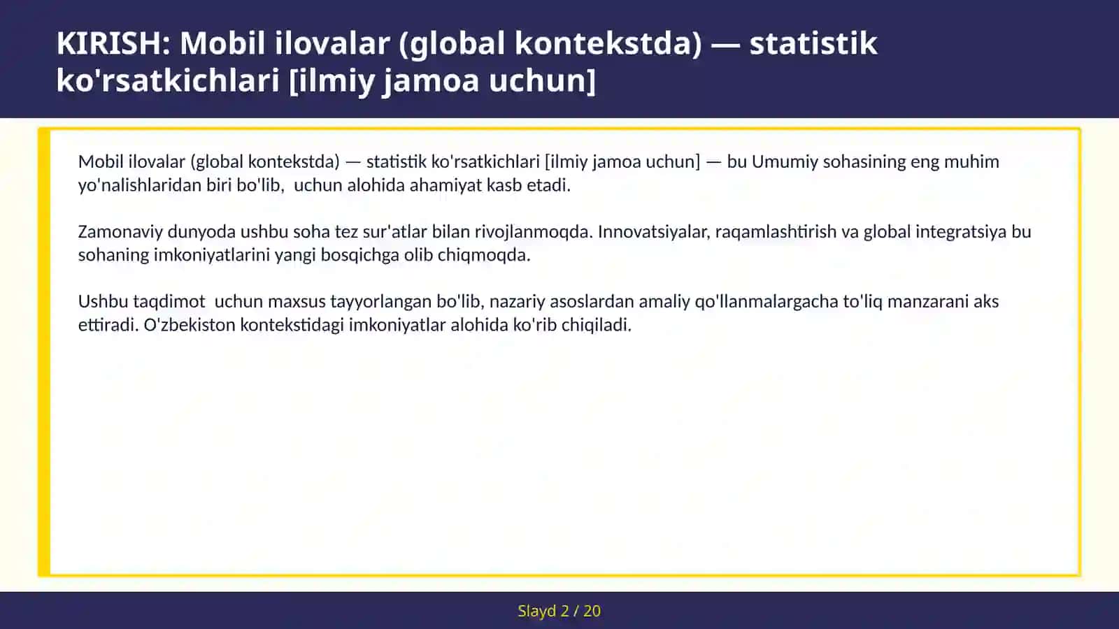 MOBIL ILOVALAR (GLOBAL KONTEKSTDA) — STATISTIK KO'RSATKICHLARI [ILMIY JAMOA UCHUN] 2