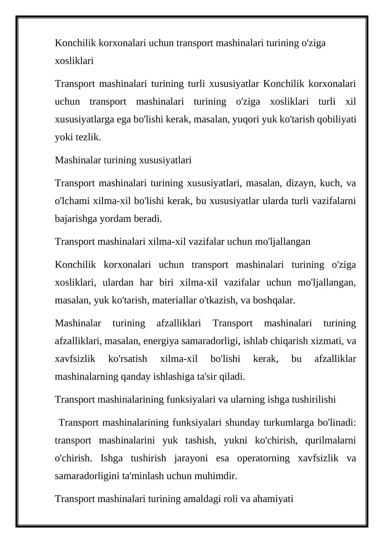 Konchilik korxonalrida ishlaydigan transport mashinalari turlari.Transport mashinalarning umumiy tasnifi 2