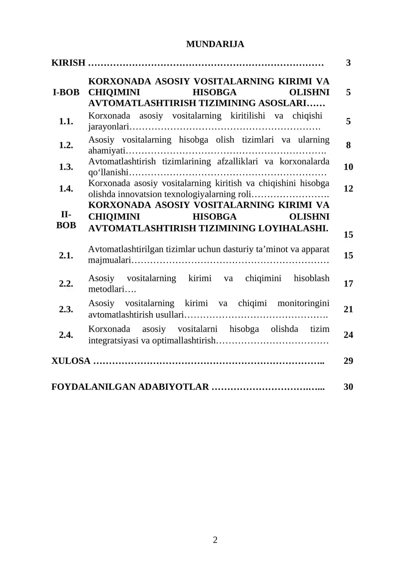 KORXONADA ASOSIY VOSITALARNING KIRIMI VA CHIQIMINI HISOBGA OLISHNI AVTOMATLASHTIRISH TIZIMINI ISHLAB CHIQISH 2