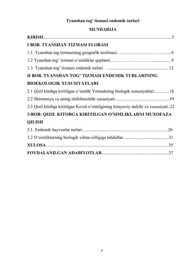 Tyanshan tog' tizmasi endemik turlari. 2