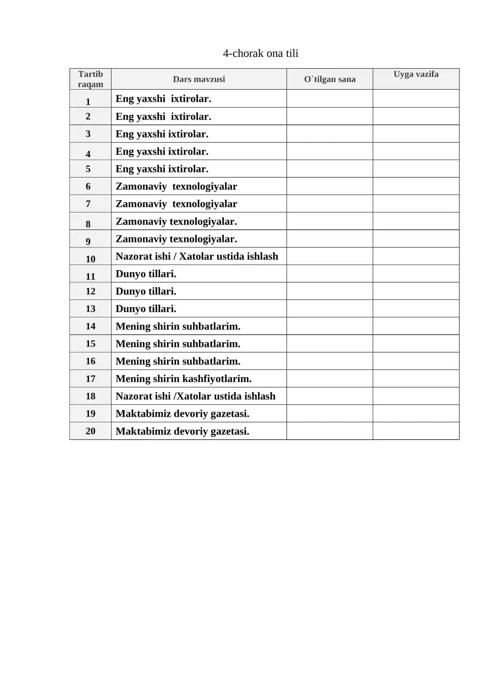 2-sinf uyda ta`lim oluvchilar uchun 4-chorak ish rejasi 2