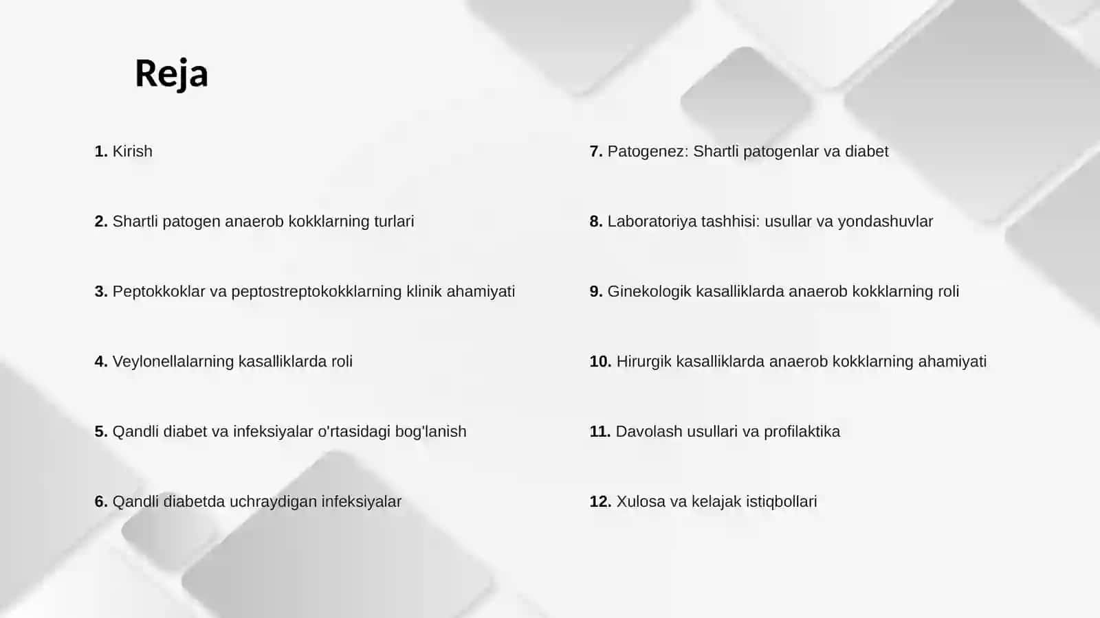 Shartli patogen anaerob kokklarni (peptokkoklar, peptostreptokokklar, veylonellalar) hirurgik va ginekologik kasalliklardagi ahamiyati. Qandli diabetda uchraydigan infeksiyalar, patogenez va laboratoriya tashhisi 2