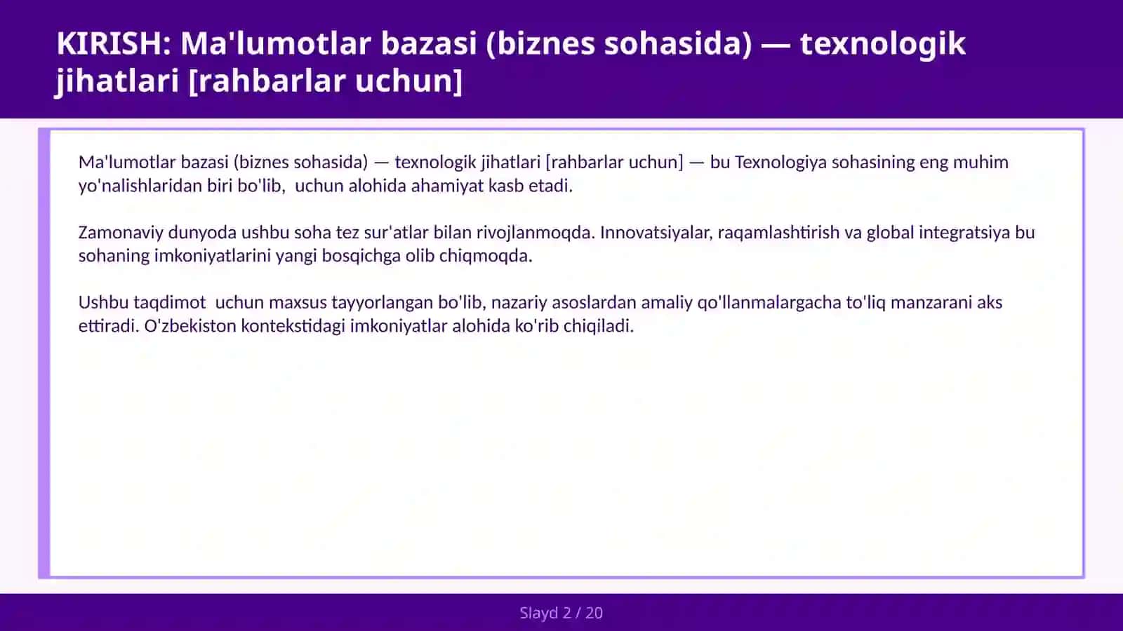 MA'LUMOTLAR BAZASI (BIZNES SOHASIDA) — TEXNOLOGIK JIHATLARI [RAHBARLAR UCHUN] 2