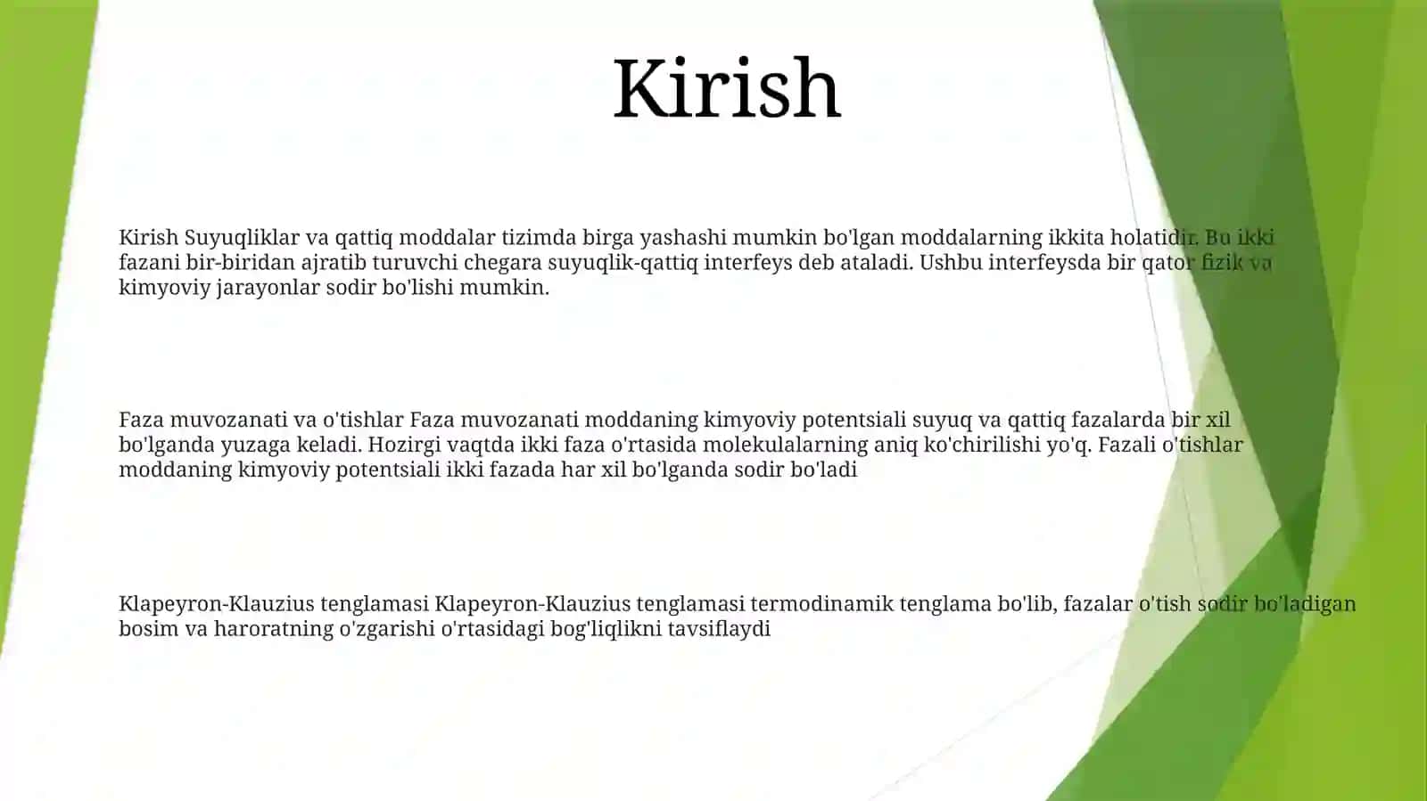 Suyuqlik Bilan Qattiq Jismning Yondoshish Chegarasida Boladigan Hodisalar. Fazoviy Muvozanat Va Aylanishlar.Kleyperon Klarius Tenglamasi 2