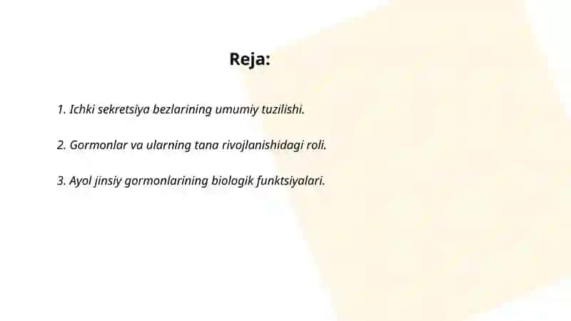 Ichki sekretsiya bezlari. Ayol jinsiy gormonlari. Reproduktiv funksiyada gormonlarning ahamiyati 2