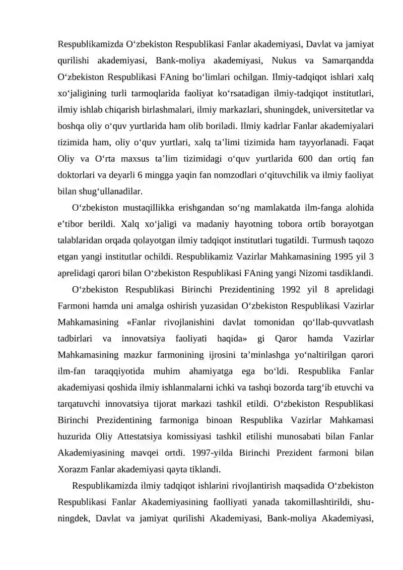 O‘zbekistonda ilm fanning rivojlanishi va innovatsion ilmiy ishlanmalarning yangi bosqichga ko‘tarilishi 2