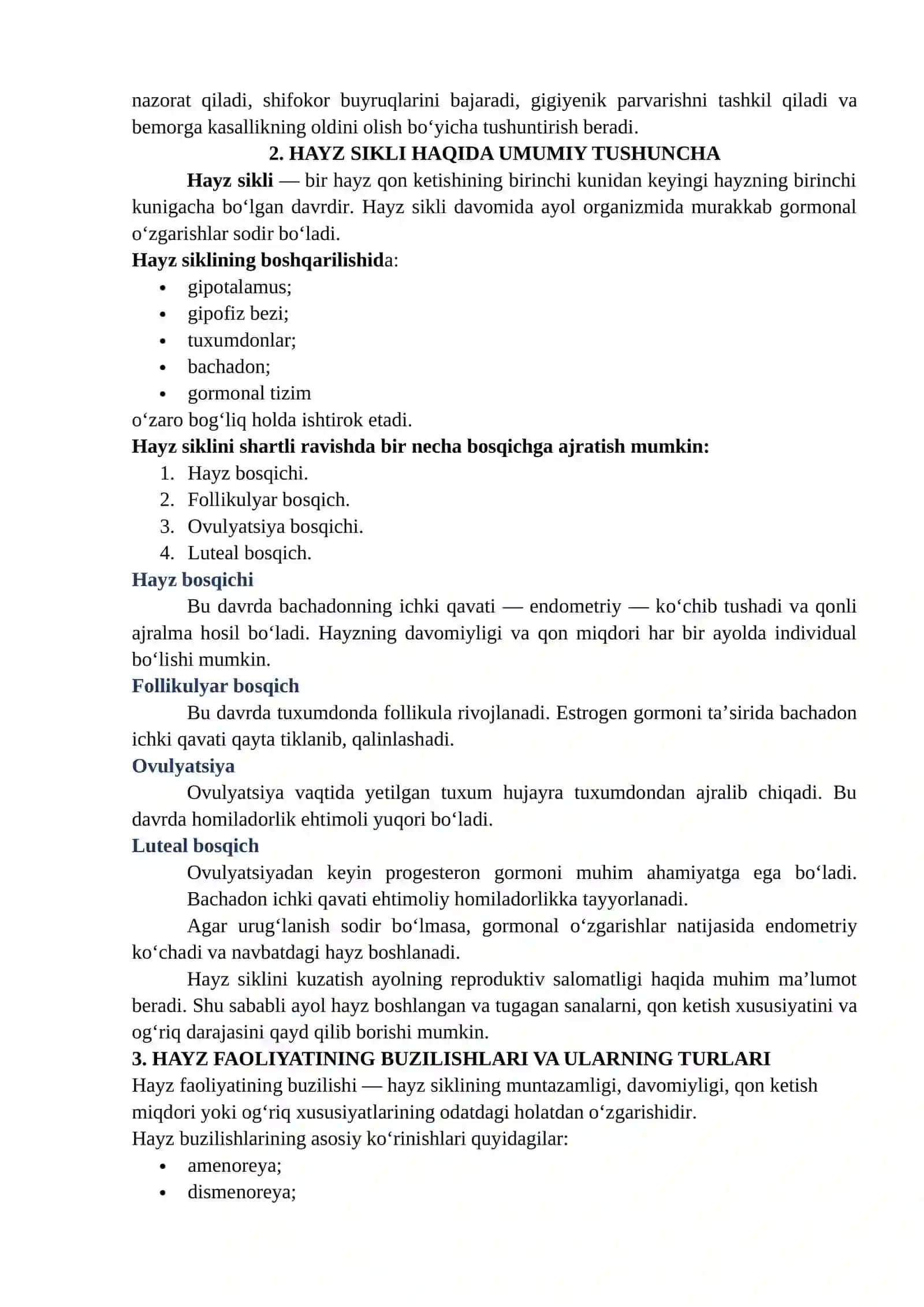 HAYZ FAOLIYATINING BUZILISHI VA AYOLLAR JINSIY A’ZOLARINING YALLIG‘LANISH KASALLIKLARIDA HAMSHIRALIK PARVARISHI 2