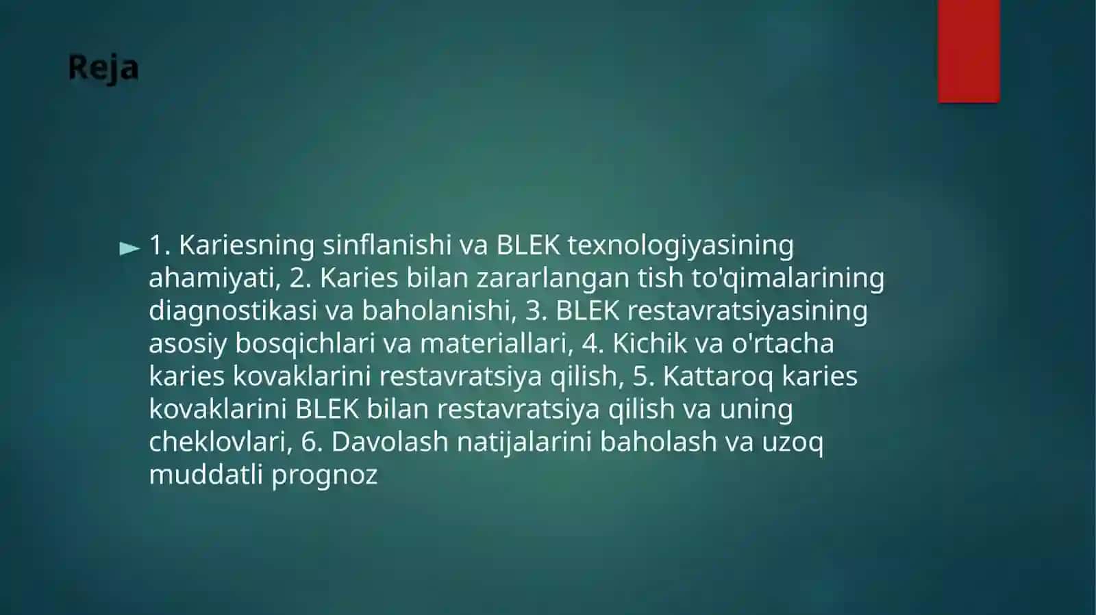 Blek boʻyicha 1-4 sinf karies kovaklarini restavratsiya qilishning klinik tamoyillari 2