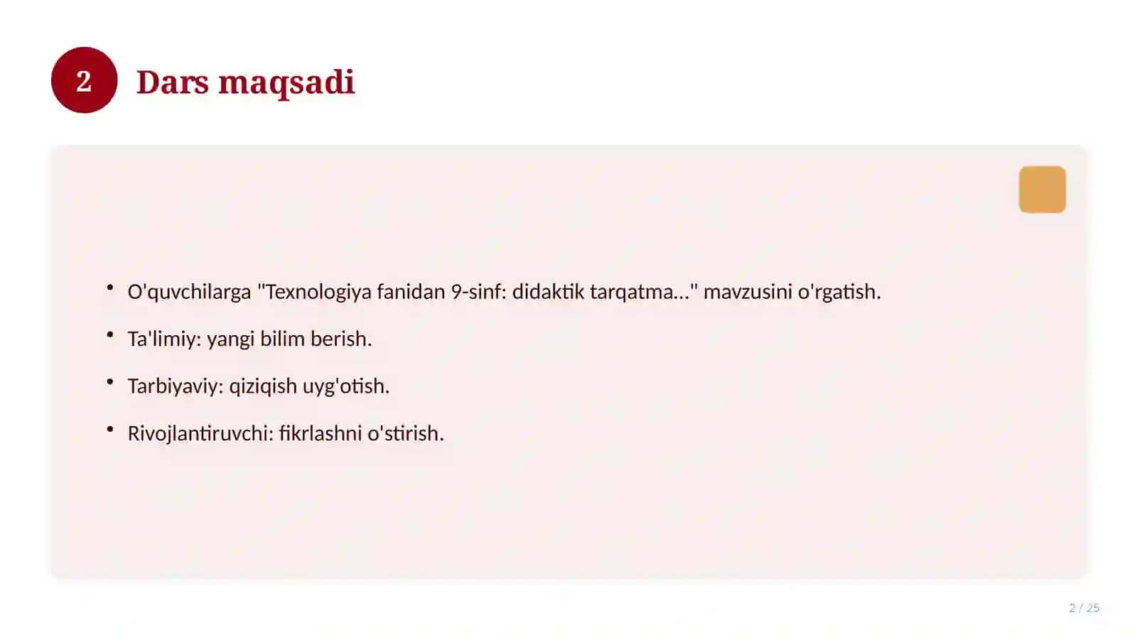 Texnologiya fanidan 9-sinf: didaktik tarqatma materiallar 2