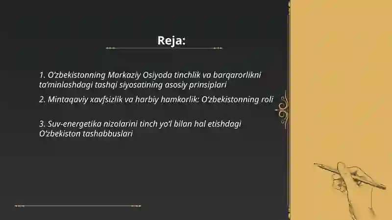 O‘zbekistonning Markaziy Osiyoda tinchlik va barqarorlikni taminlashdagi o‘rni 2