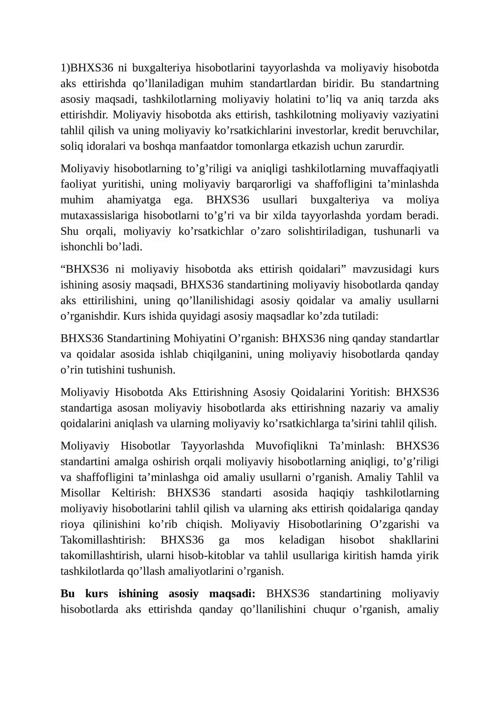 BHXS36 ni moliyaviy hisobotda aks ettirish qoidalari 2