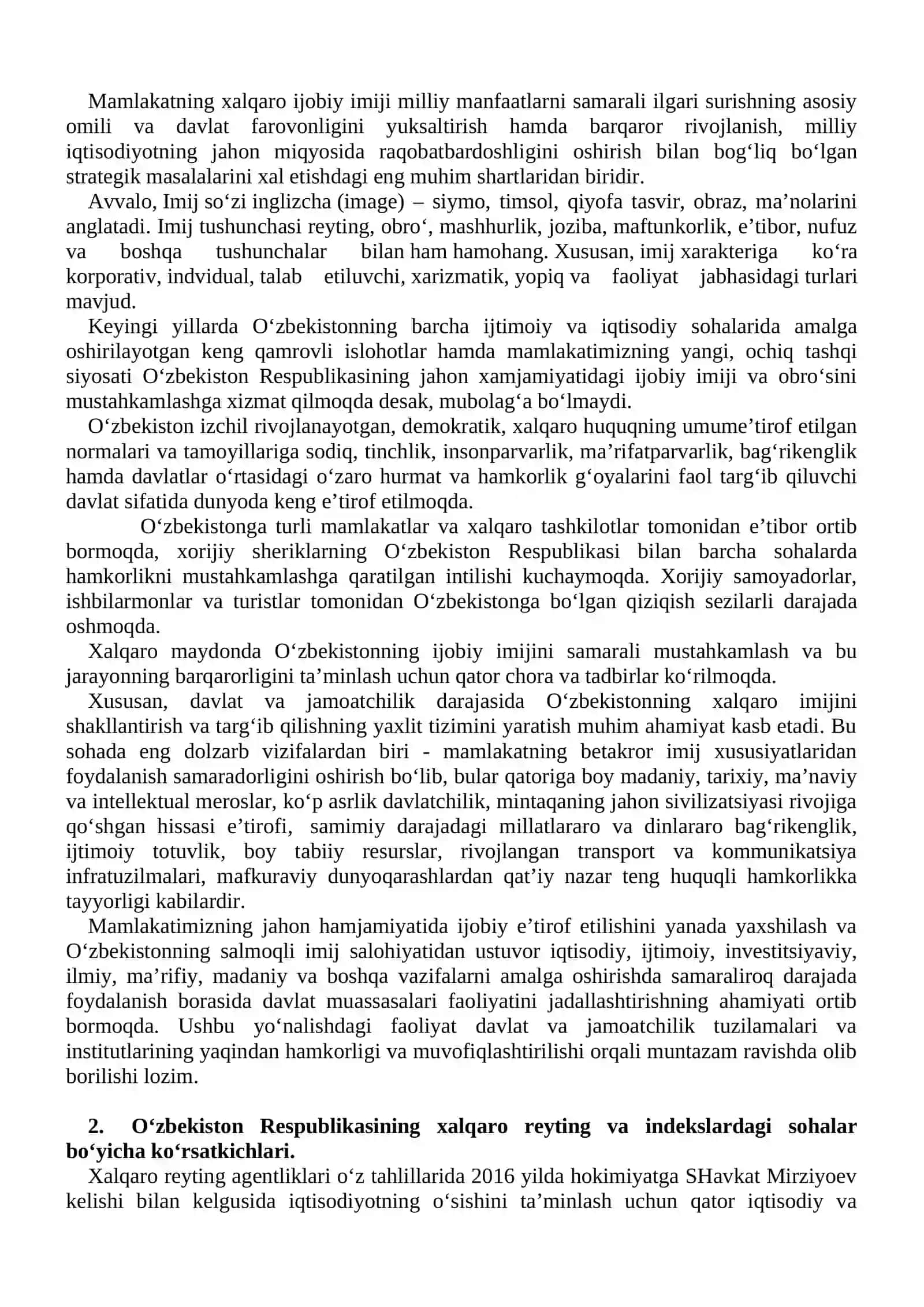 O‘zbekiston Respublikasining xalqaro reyting va indekslardagi o’rni va nufuzi 2