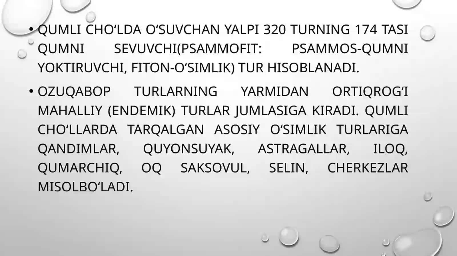 Qumli cho‘lda o‘suvchan yalpi 320 turning 174 tasi qumni sevuvchi 2