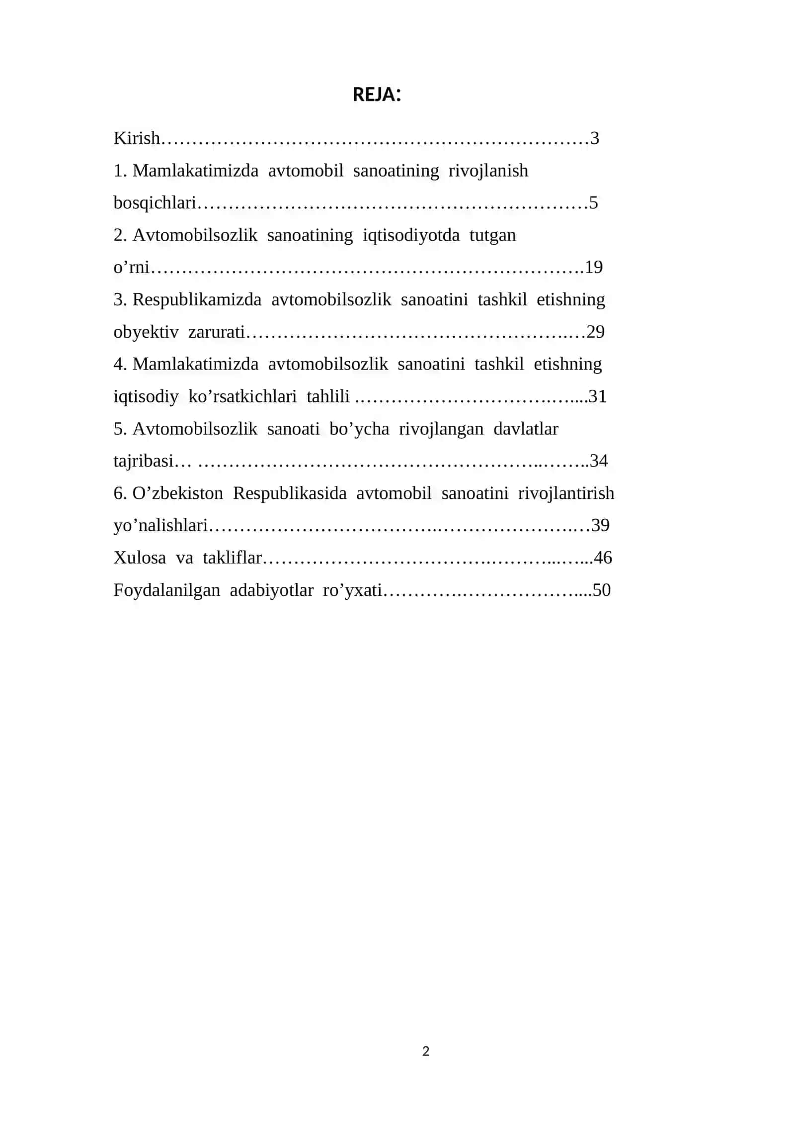 O’zbekistonda avtomobilsozlik sanoati va uning iqtisodiyotdagi o’rni. 2