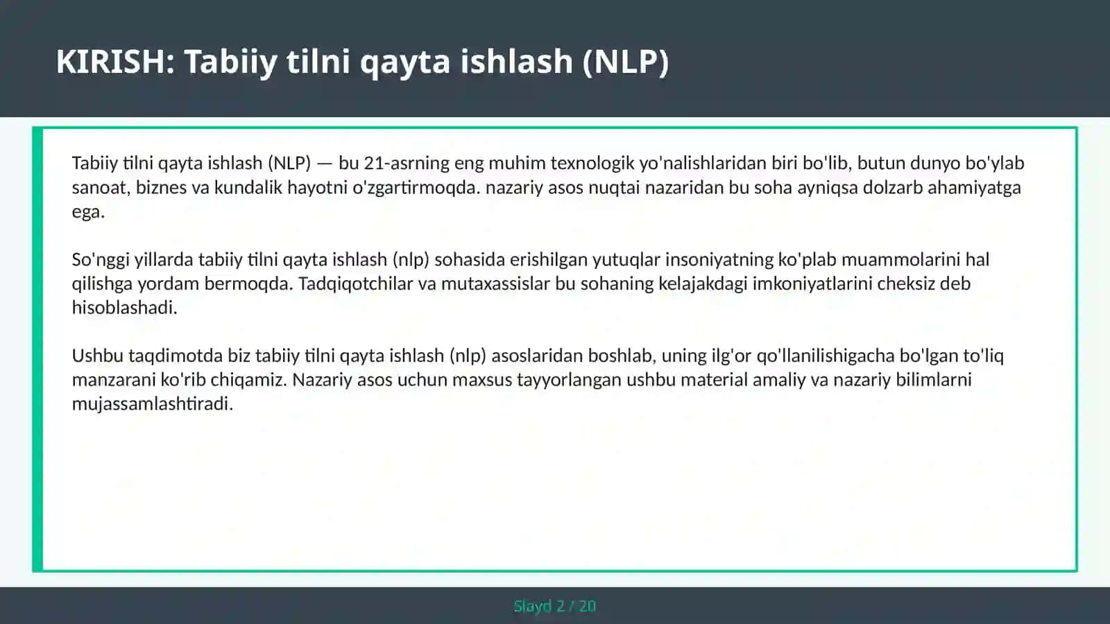 Tabiiy tilni qayta ishlash (NLP) 2