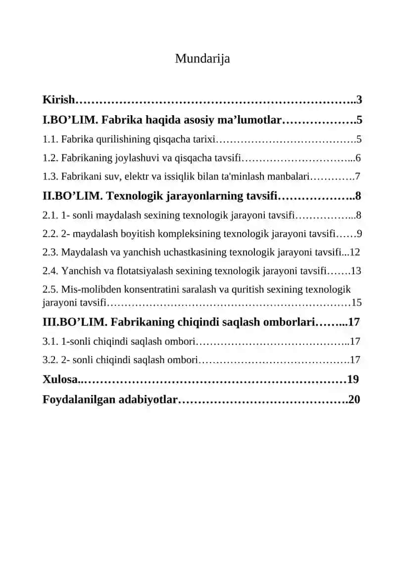 Malakaviy bitiruv oldi amaliyoti bo’yicha hisobot foydali qazilmalarni boyitish yo‘nalishi talabalar uchun 2