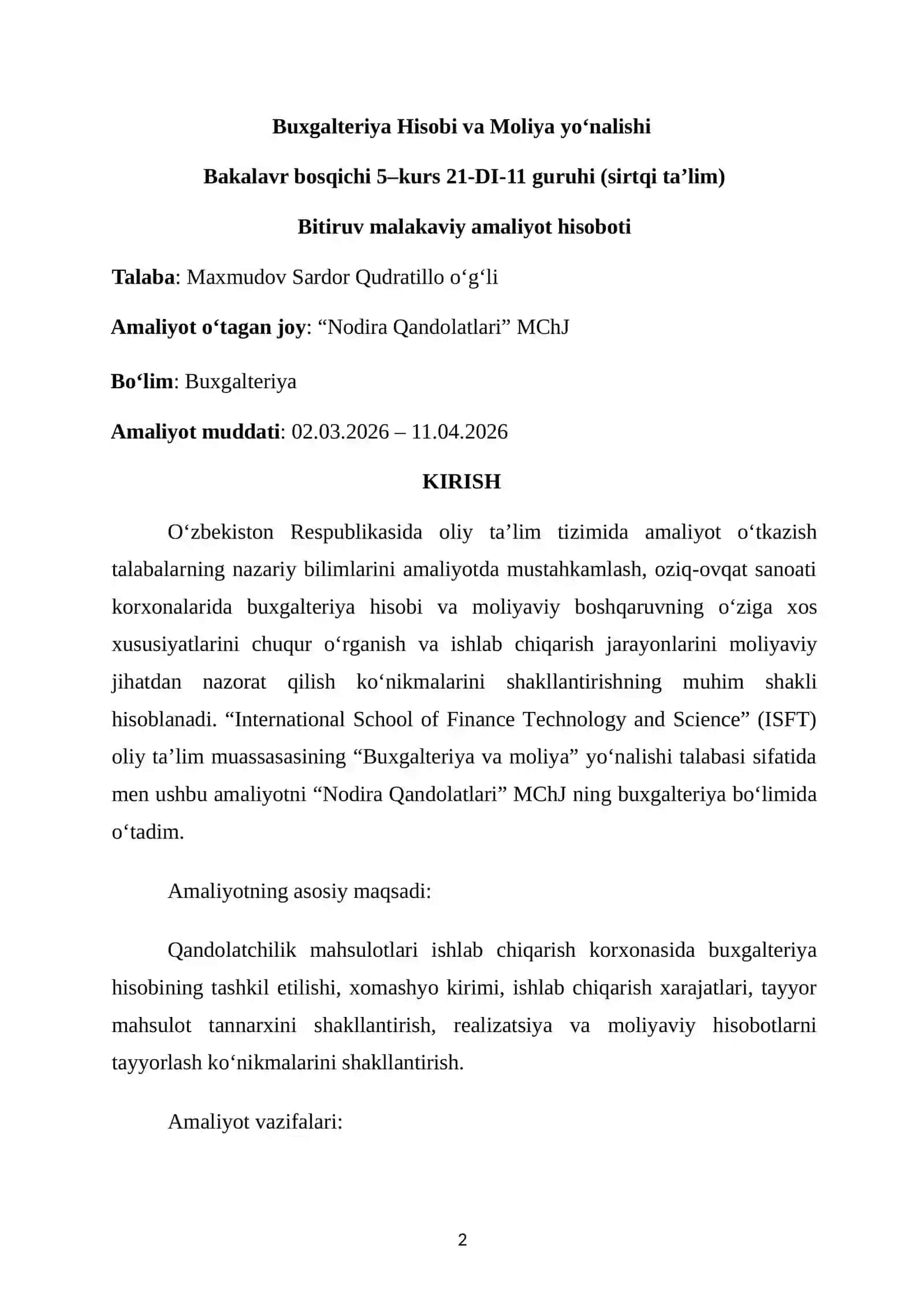 QANDOLATCHILIKDA AMALIYOT OʻTAGANLAR UCHUN.BITIRUV MALAKAVIY AMALIYOT HISOBOTI 2
