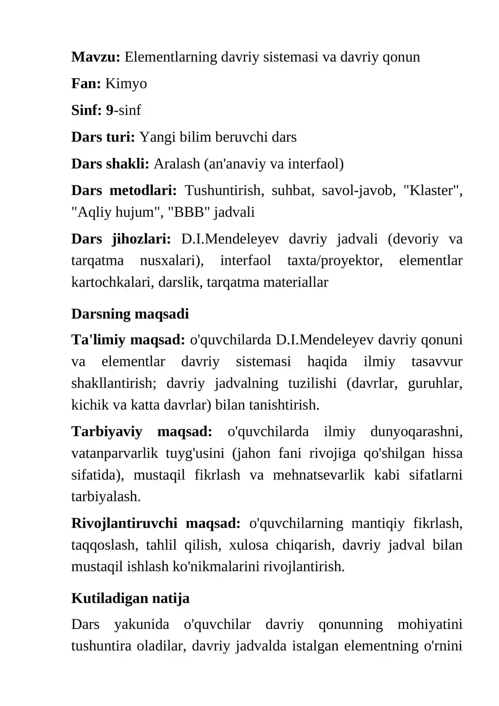 Elementlarning davriy sistemasi davriy qonun dars ishlanma 2