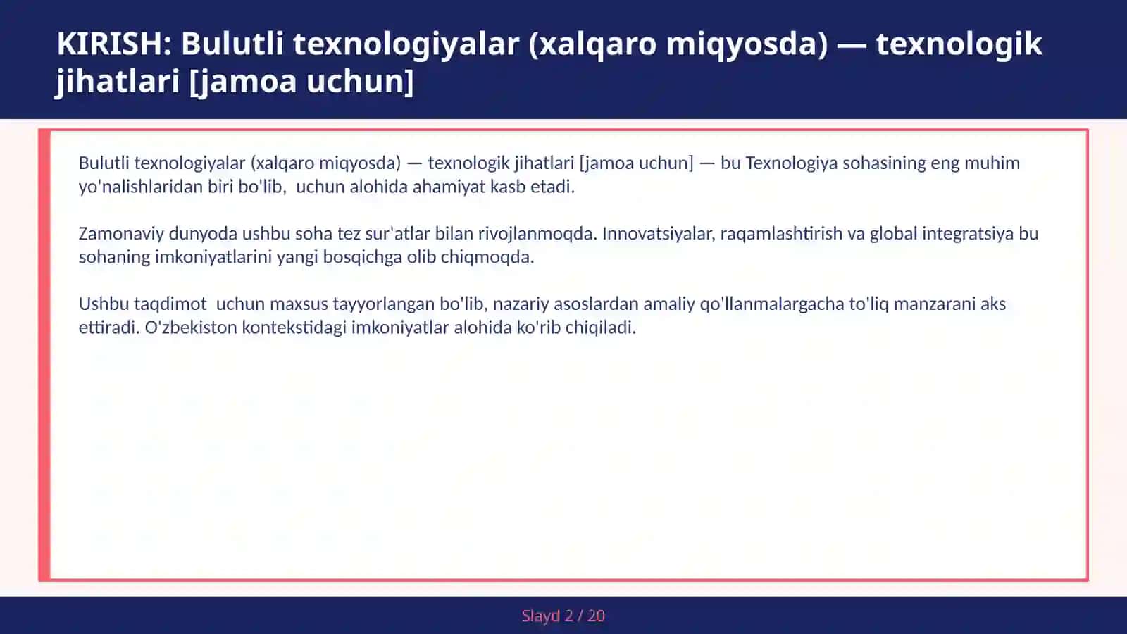 Bulutli texnologiyalar (xalqaro miqyosda) — texnologik jihatlari [jamoa uchun] 2