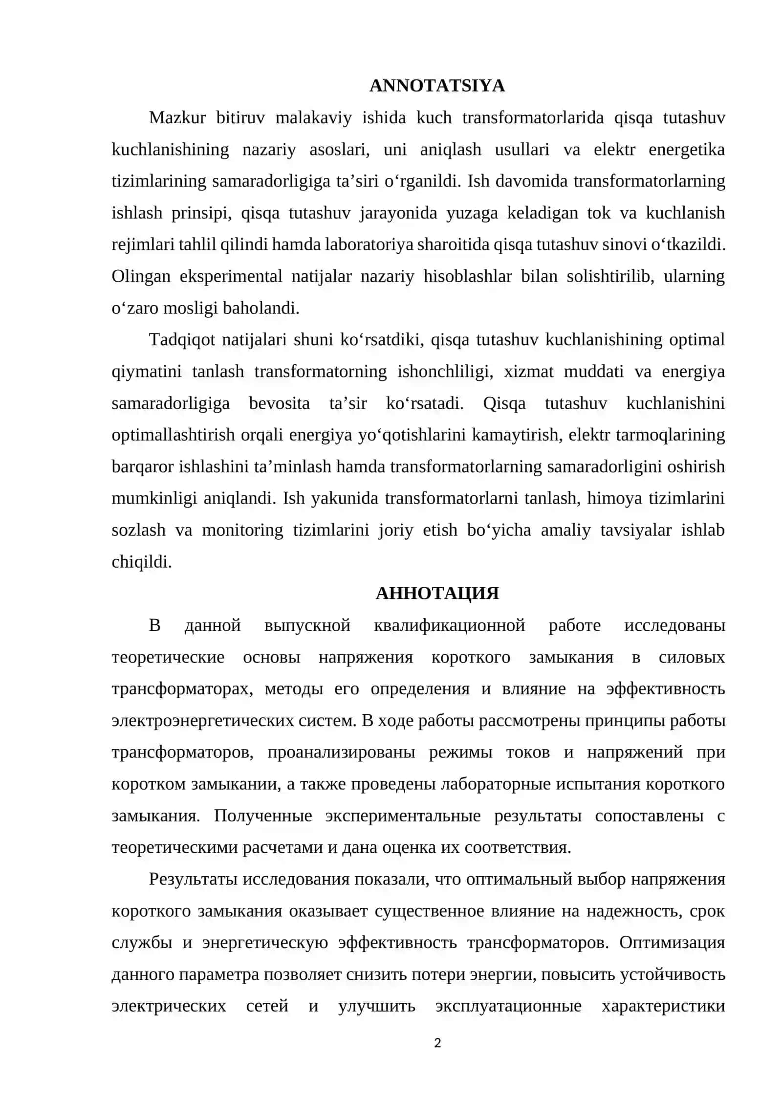 Transformatorlarda qisqa tutashuv kuchlanishini aniqlash va uning amaliy ahamiyatini ilmiy asoslash 2