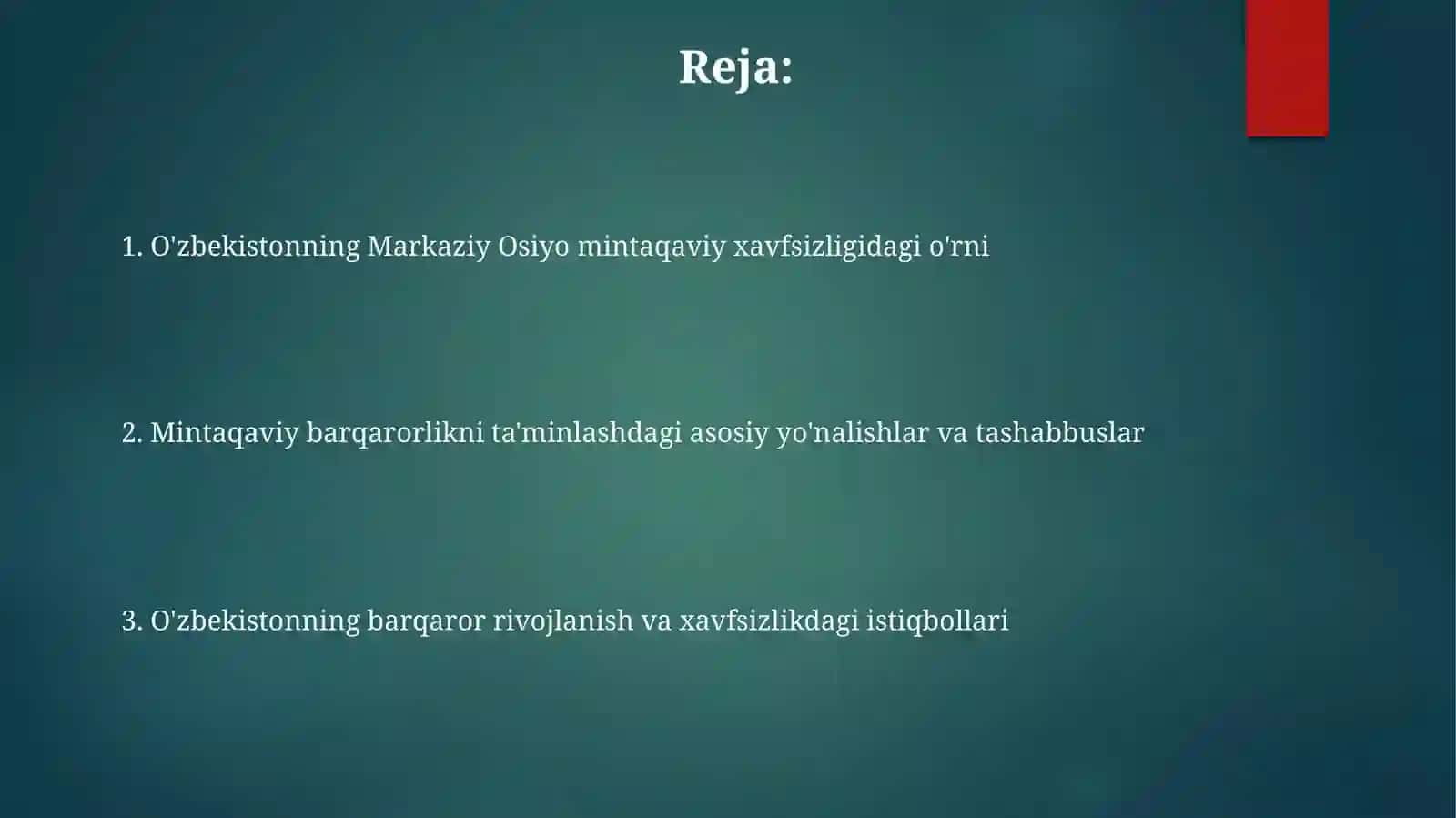 O'zbekistonning Markaziy Osiyodagi Tinchlik va barqarorlikni ta'minlashdagi urni 2