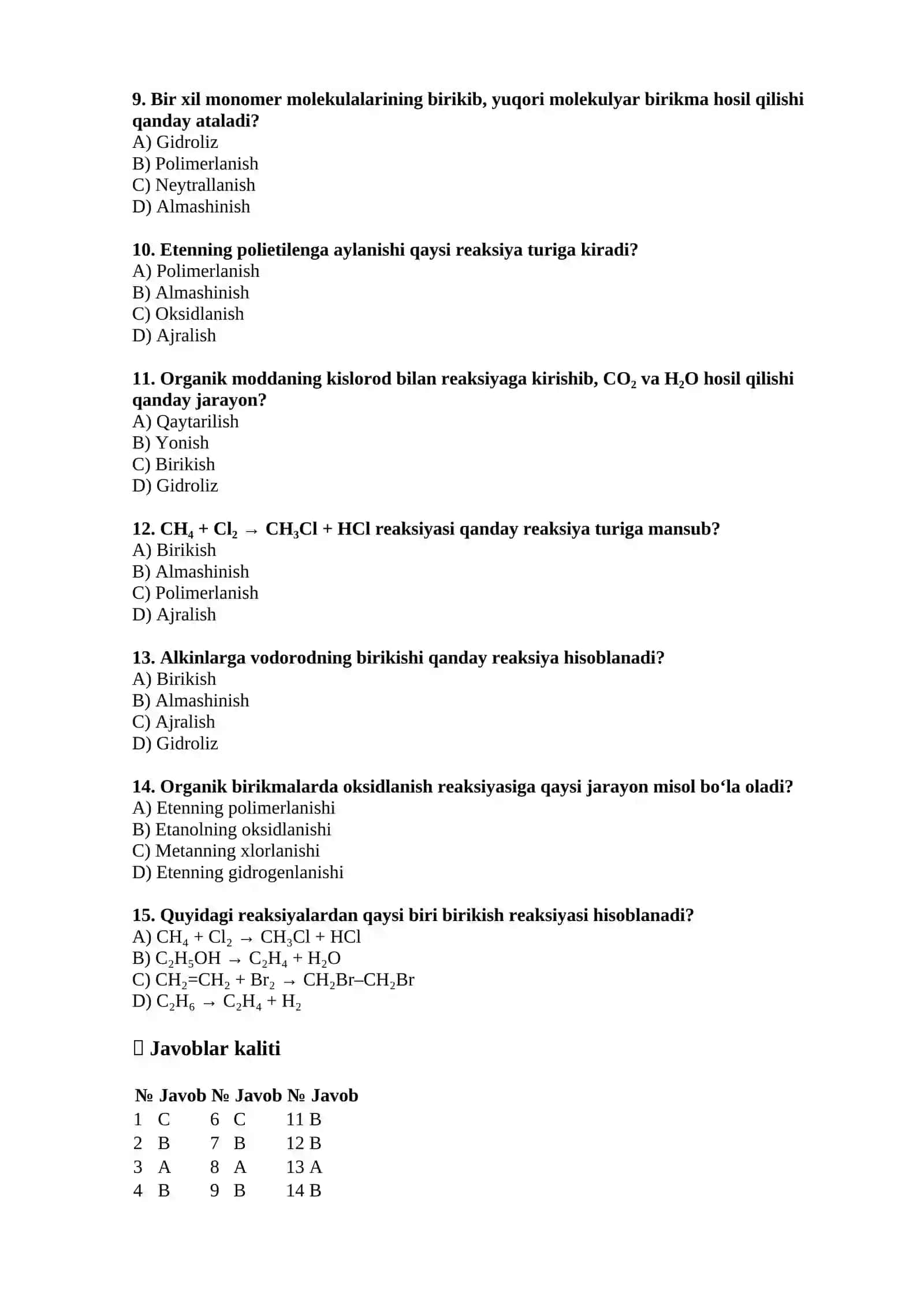 Organik birikmalarga xos reaksiya turlari — 15 ta test 2