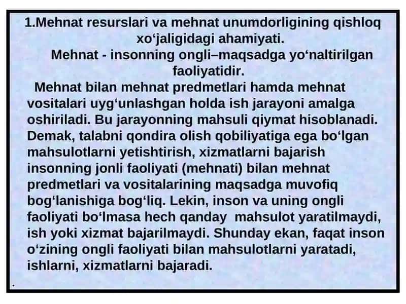 QISHLO XO’JALIGIDA MEHNAT RESURSLARI VA ULARDAN FOYDALANISH SAMARADORLIGI 2