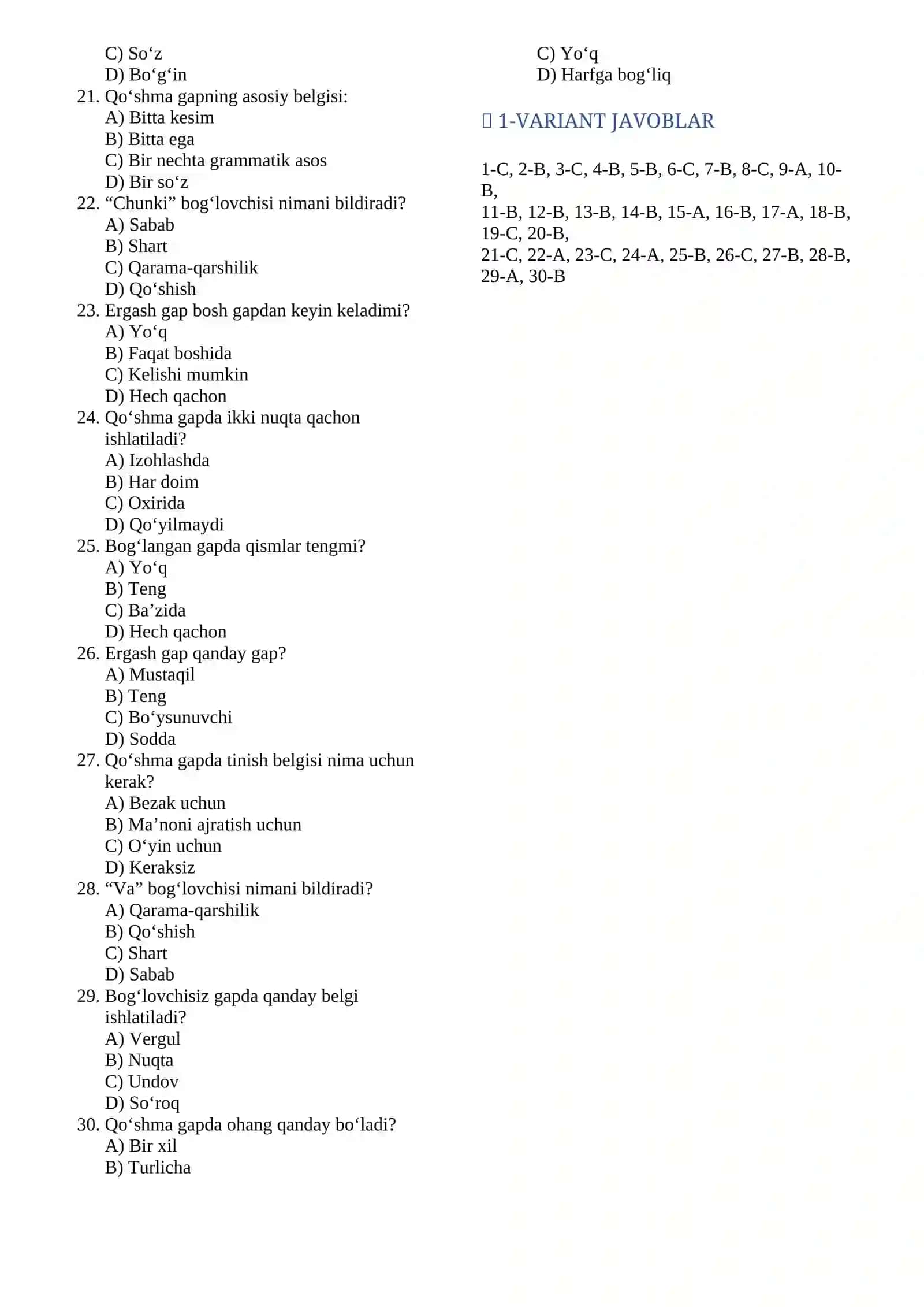 2-VARIANTLI TEST qo'shma gaplar 2