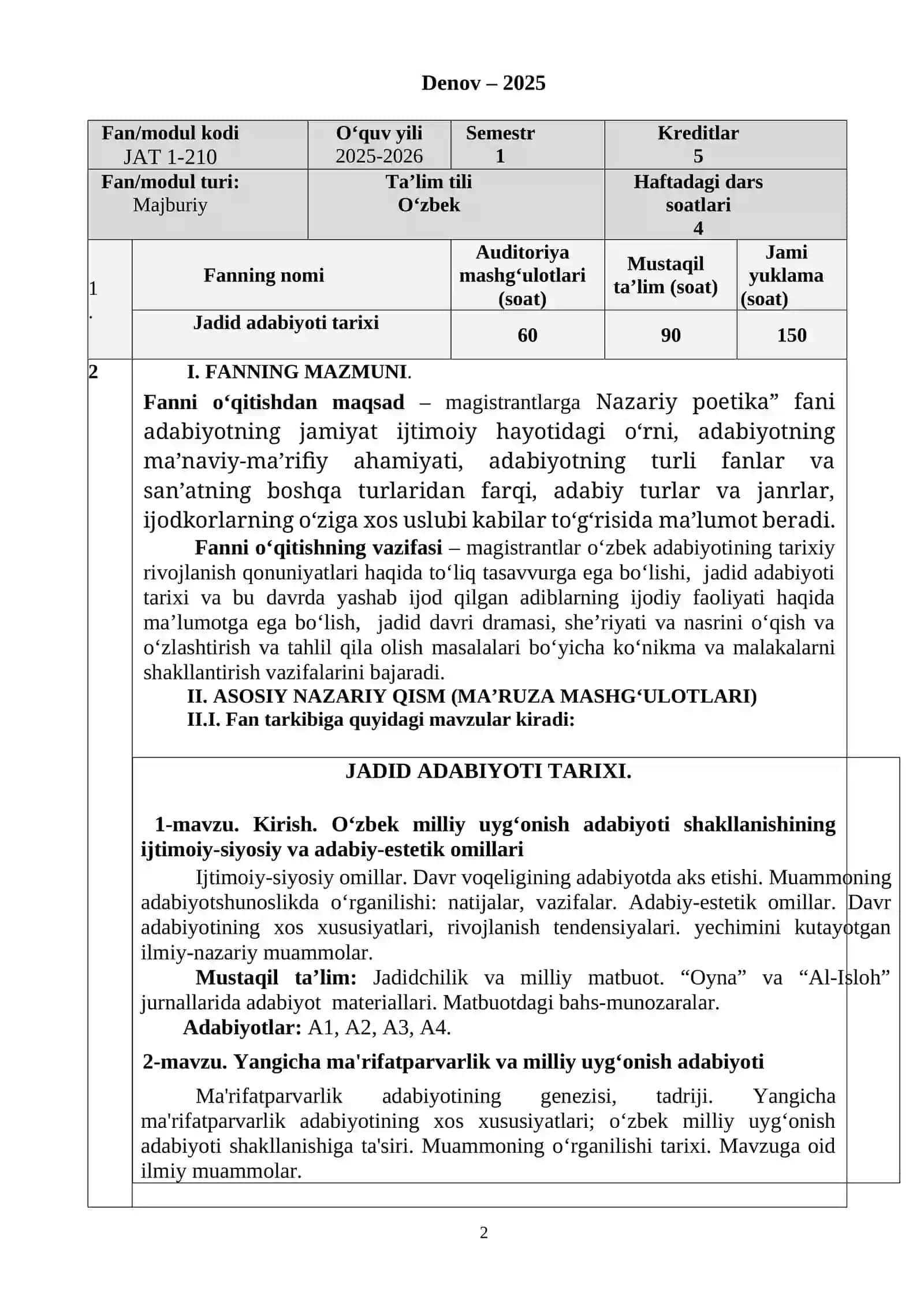 JADID ADABIYOTI TARIXI FANI O`QUV DASTURI 2