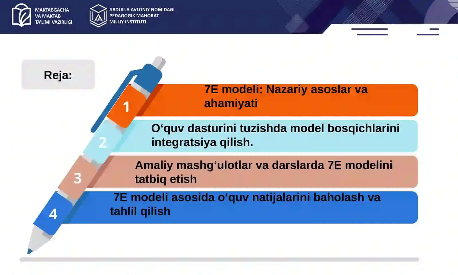 7Emodeli: nazariyasoslar va amamiyati. O'quv dasturini tuzishda model bosqichlarini integratsiya qil 2