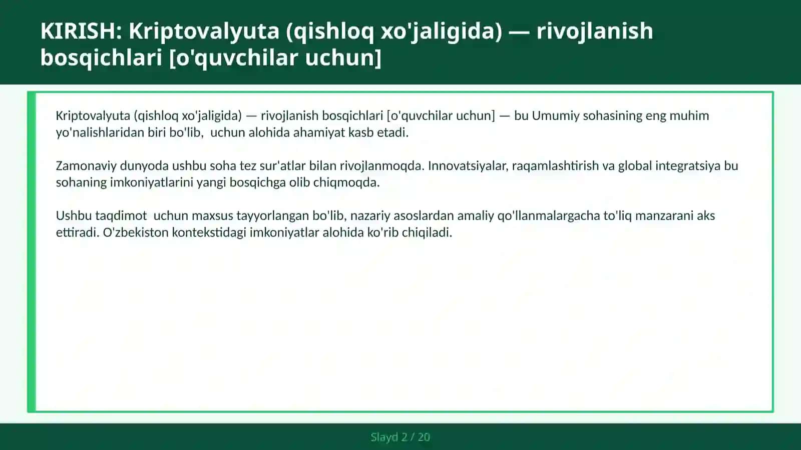 Kriptovalyuta (qishloq xo'jaligida) — RIVOJLANISH BOSQICHLARI [O'QUVCHILAR UCHUN] 2