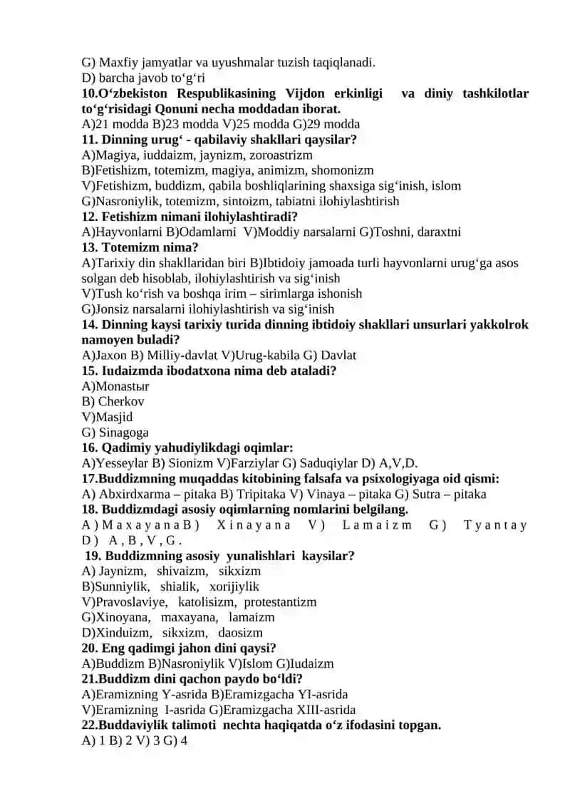 Dinning haqida savollar 2
