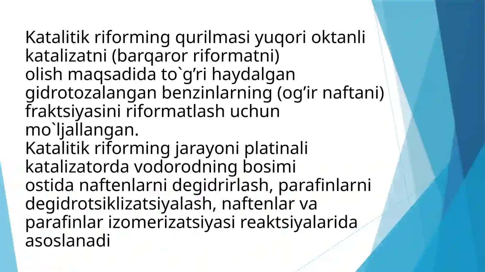 Riforming texnologiya yordamida aromatik uglevodorodlar ishlab chiqarish texnologiyasi 2
