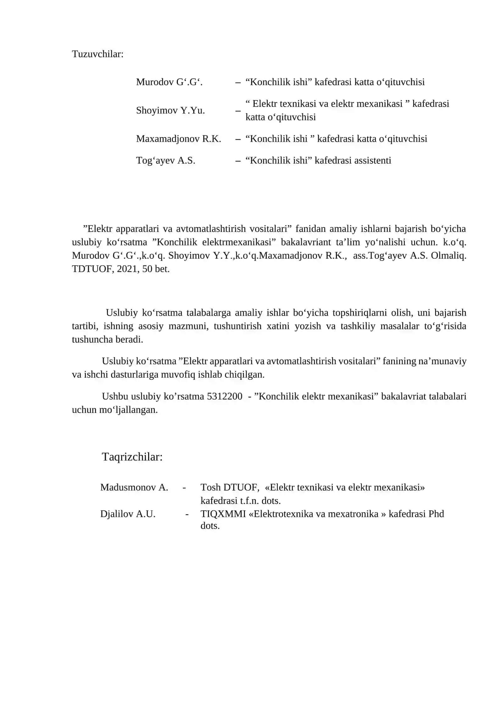 "Elektr apparatlari va avtomatlashtirish vositalari" fanidan amaliy ishlarni bajarish 2