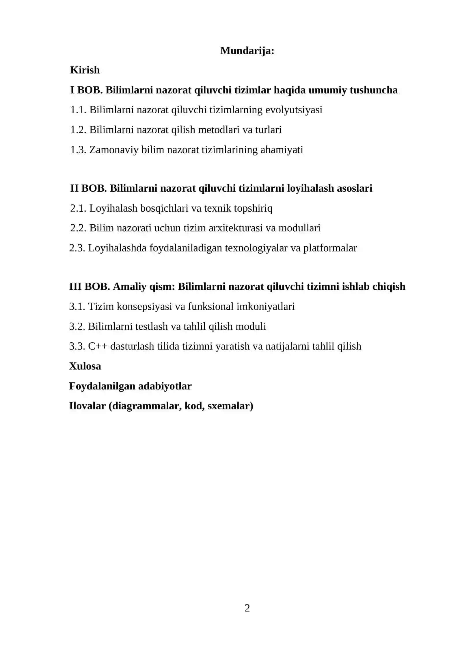 BILIMLARNI NAZORAT QILUVCHI TIZIMLAR LOYIHASINI LOYIHALASHTIRISH VA ISHLAB CHIQISH. 2