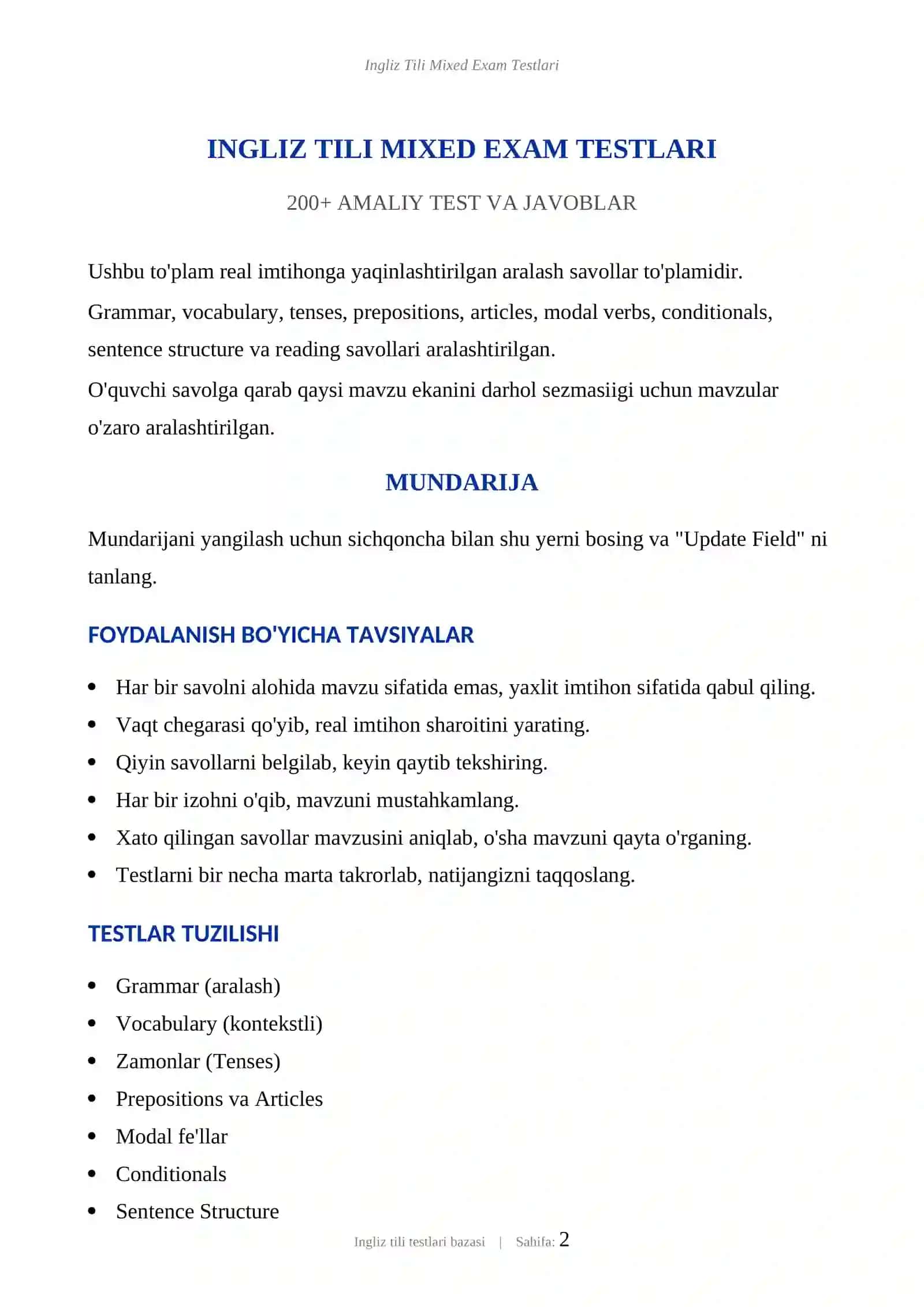 INGLIZ TILI MIXED EXAM TESTLARI 2