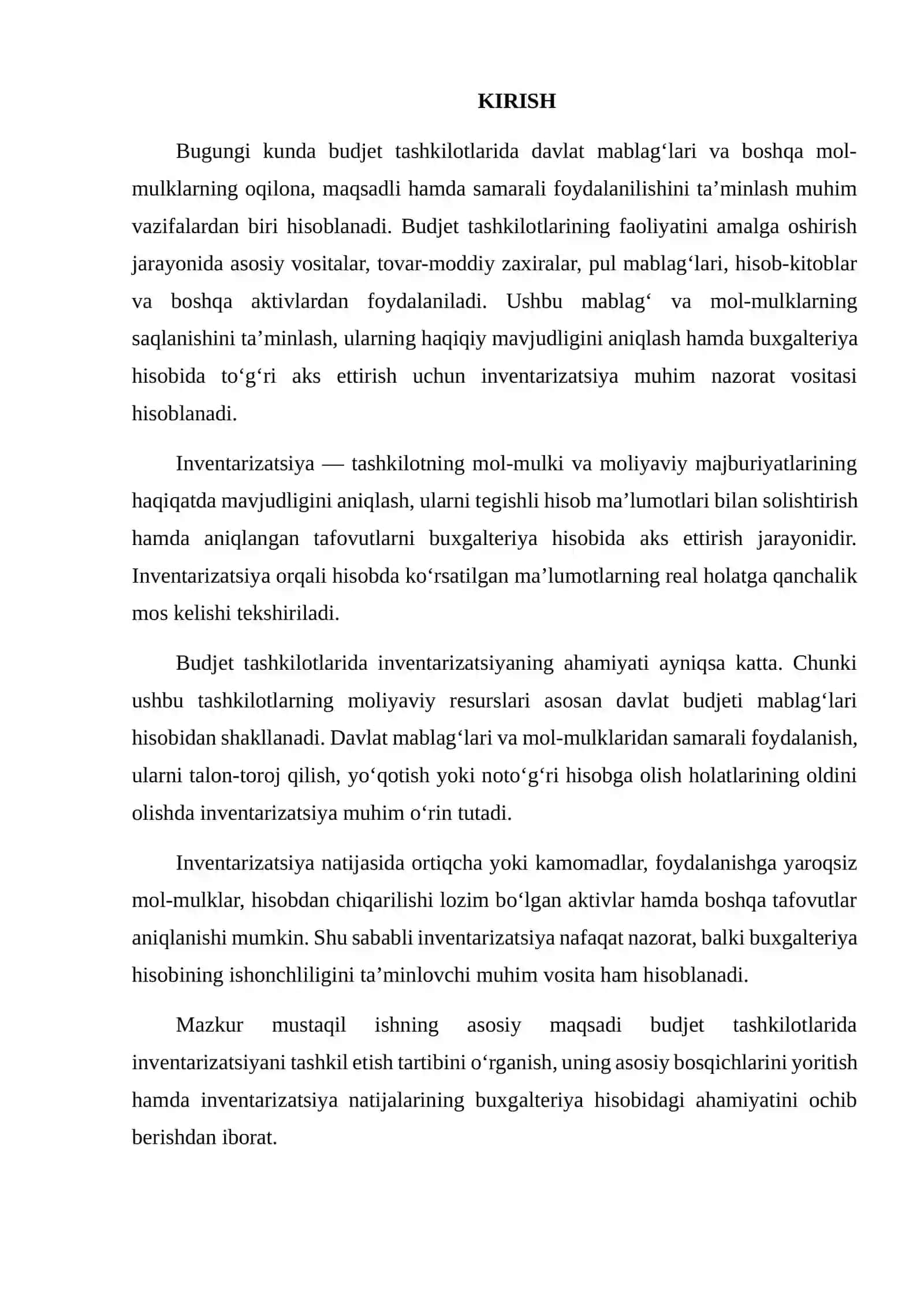 BuDJET TASHKILOTLARIDA INVENTARIZATSIYANI TASHKIL ETISH VA UNING HISOBDAGI AHAMIYATI 2