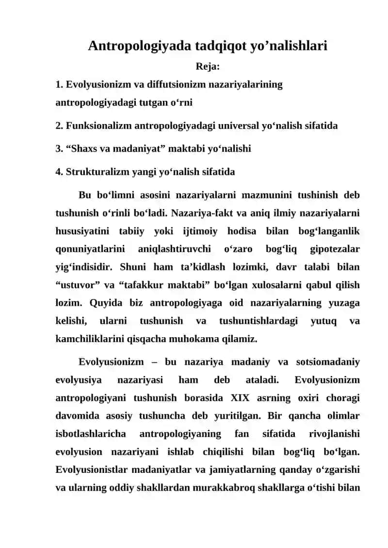 Antropologiyada tadqiqot yo’nalishlari 2