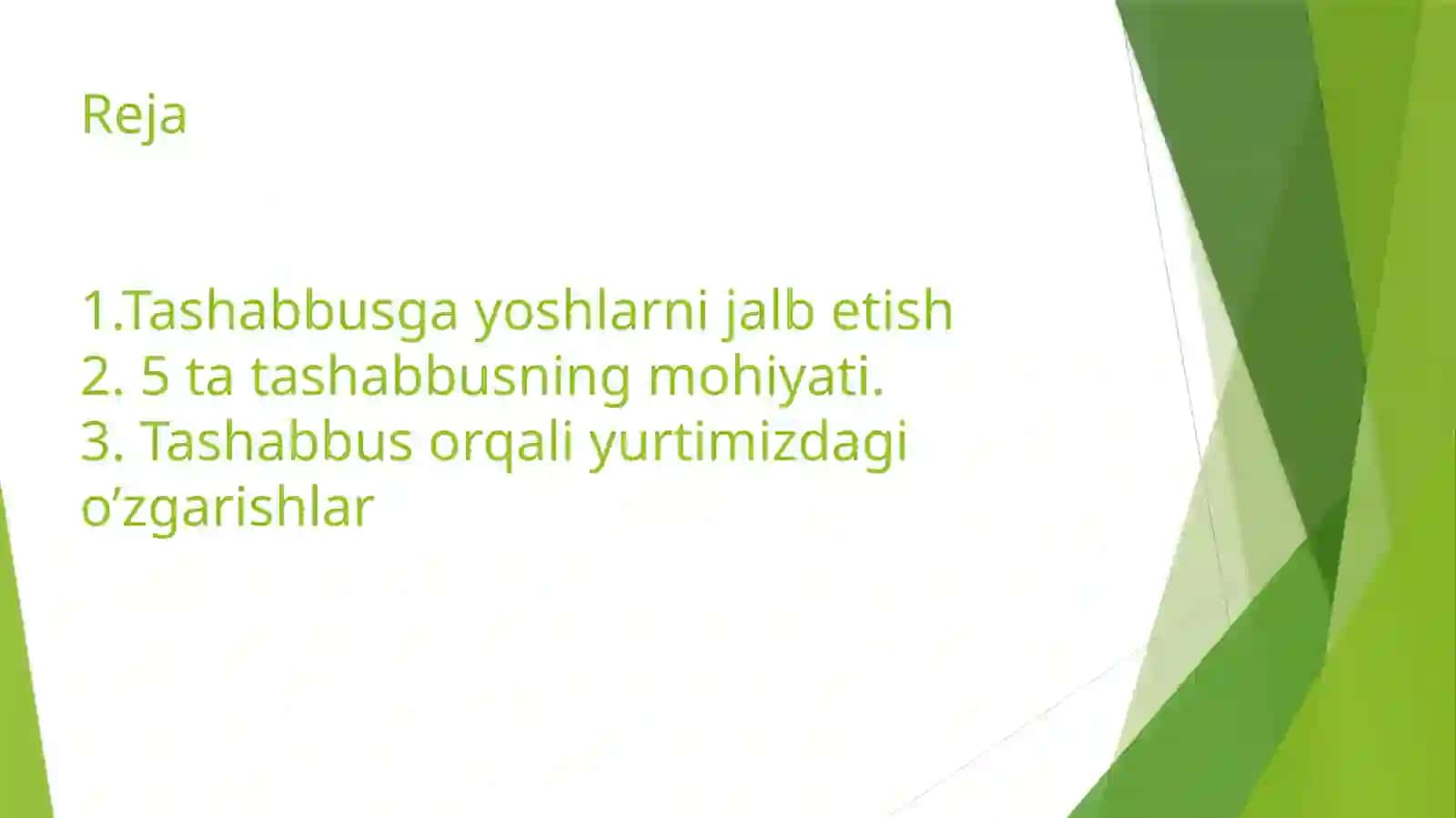 Oʻzbekiston prezidenti tomonidan ilgari surilgan beshta muhim tashabbus va uning amalga tatbiq etilishi 2