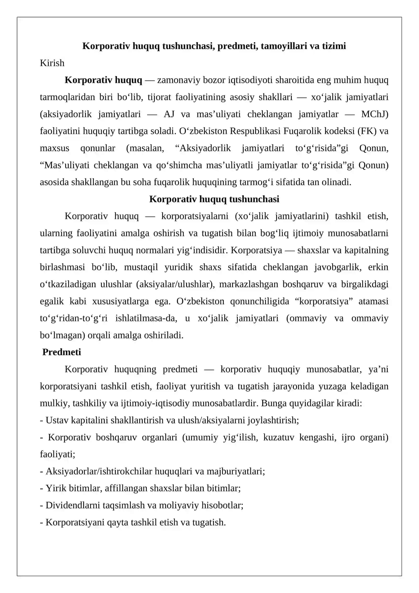 Korporativ huquq tushunchasi, predmeti, tamoyillari va tizimi 2